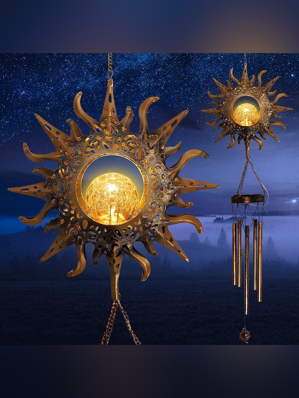 Solar Sun & Moon Wind Chime – LED Crackle Glass Outdoor Hanging Décor
